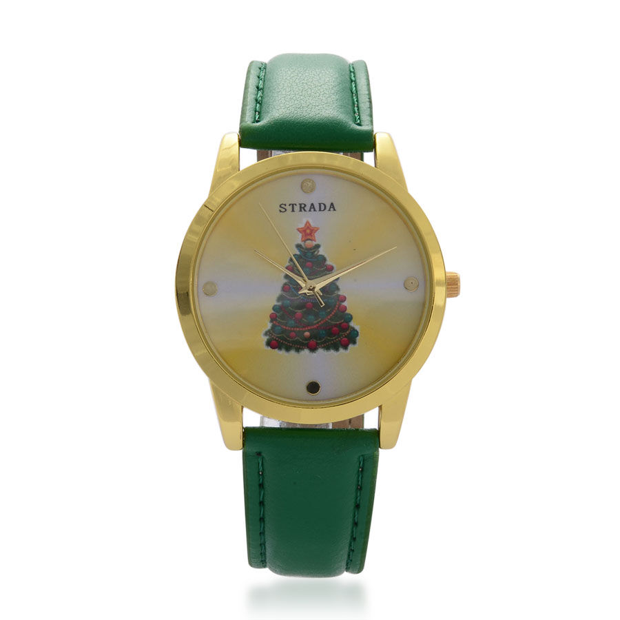 STRADA Japanese Movement Christmas Tree Printed Yellow Dial Water Resistant Watch in Gold Tone with 