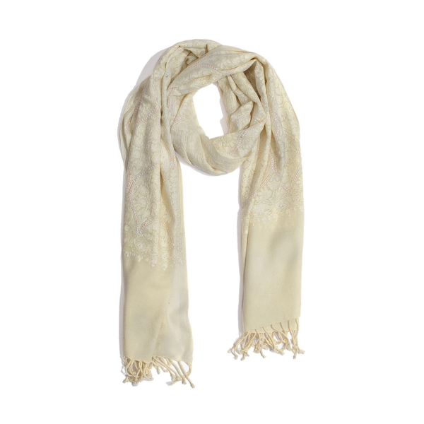 100% Merino Wool Flowers and Mystic Sequins Embroidered Cream Colour Scarf with Fringes at the Bottom (Size 200x70 Cm)