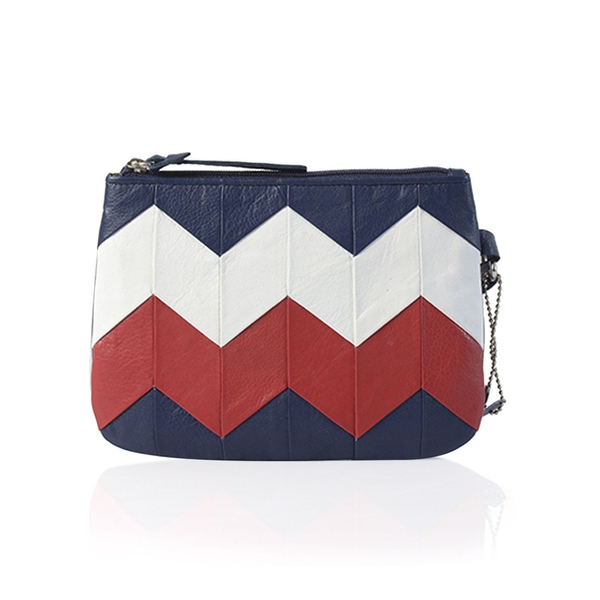 Genuine Leather Zig Zag Pattern Dark Blue, White and Red Colour Pouch (Size 18.5x13.5 Cm)
