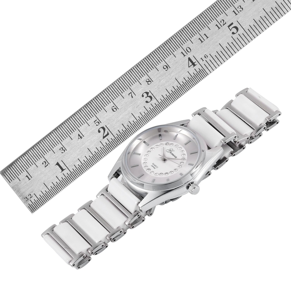 GENOA Japanese Movement White Austrian Crystal Studded Silver Dial Water Resistant Watch in Silver Tone with Stainless Steel Back and White Ceramic Strap