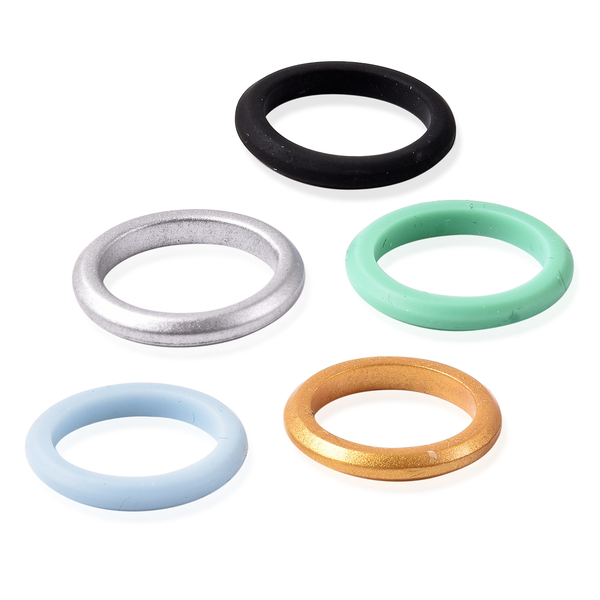 MP Set of 5 -  Green, Blue, Black, Silver and Golden Colour Band Ring (Size N)