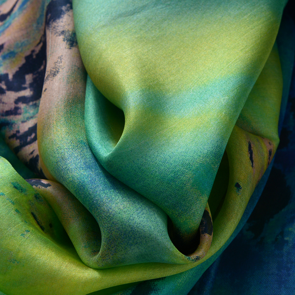 100% Mulberry Silk Lime Green, Blue and Multi Colour Printed Pareo (Size 180x100 Cm)