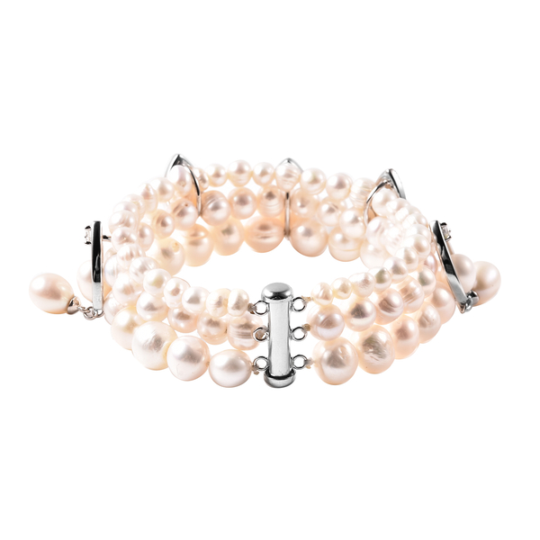 LucyQ Pearl Drop Collection - White Freshwater Pearl, Natural Cambodian Zircon Three Layer Bracelet (Size 7.5) in Rhodium Overlay Sterling Silver