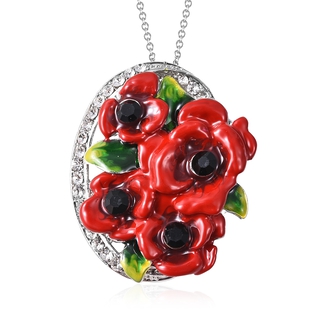 Poppy Design Black and White Austrian Crystal Poppy Flowers Pendant with Chain 20 Inch