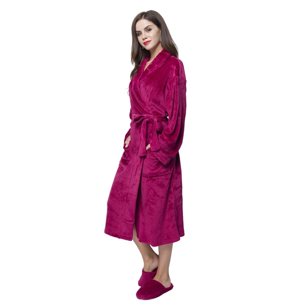 Supersoft Short Pile Microflannel Burgundy Colour Bath Robe (Free Size) and Slippers