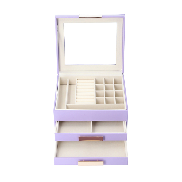 Three Layer Anti-Tarnish Jewellery Box with Transparent Glass Window at Top in Lavender