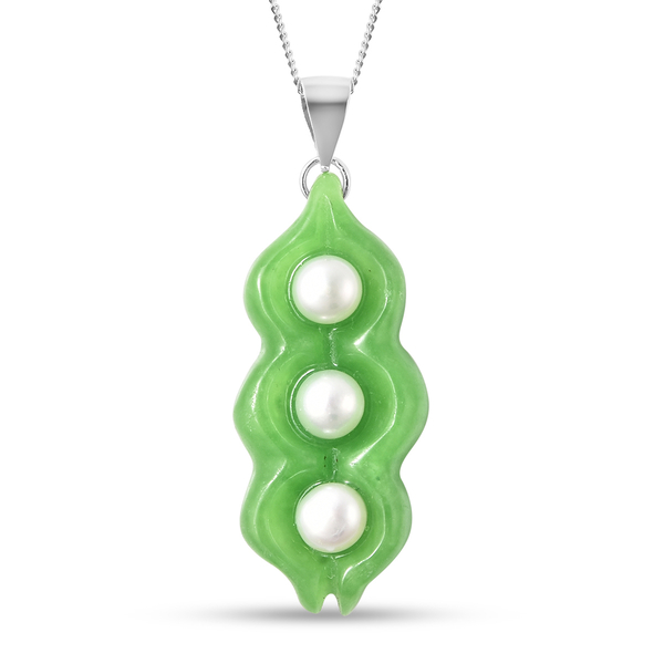 Green Jade and Freshwater Pearl Pendant with Chain (Size 18) in Rhodium Overlay Sterling Silver 18.7