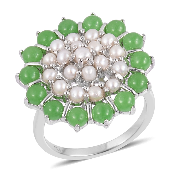 Designer Inspired-Freshwater Pearl (Rnd), Green Jade Ring in Rhodium Plated Sterling Silver 5.800 Ct