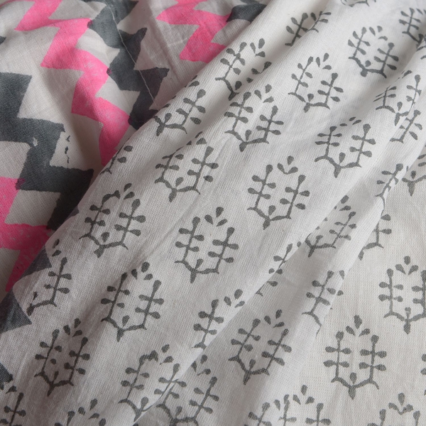 New Season-100% Cotton Grey, Pink and White Colour Hand Block Zigzag Printed Kaftan with Tassels (Free Size)