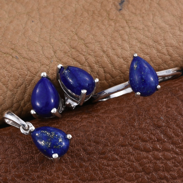 Lapis Lazuli (Pear) Solitaire Ring, Pendant and Stud Earrings (with Push Back) in Platinum Overlay Sterling Silver 6.000 Ct.