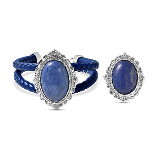 2 Piece Set - Lapis Lazuli Ring and Genuine Leather Bracelet (Size 7 With 2 Inch Extender) in Silver