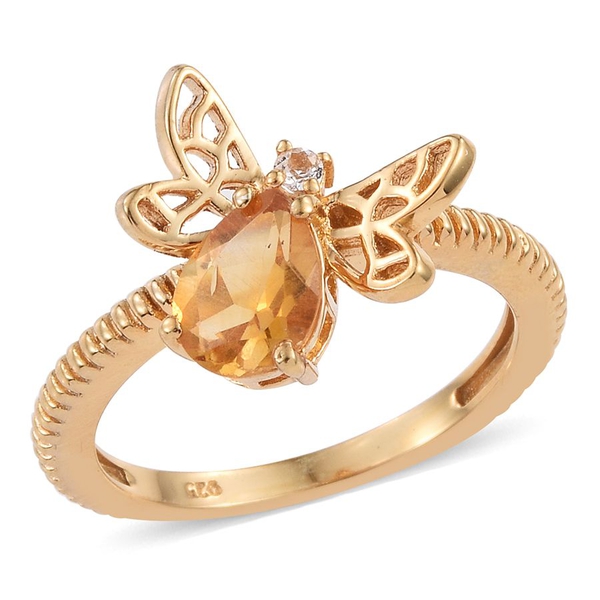 Citrine (Pear 0.95 Ct), White Topaz Honey Bee Ring in 14K Gold Overlay Sterling Silver 1.000 Ct.