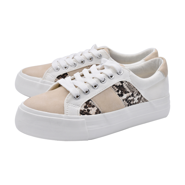 White and Beige Canvas Trainers with Snake Pattern Details (Size 4)