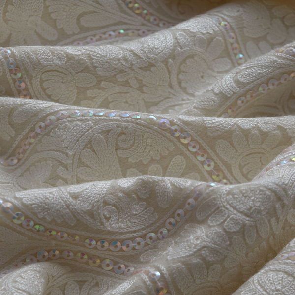 100% Merino Wool Flowers and Mystic Sequins Embroidered Cream Colour Scarf with Fringes at the Bottom (Size 200x70 Cm)