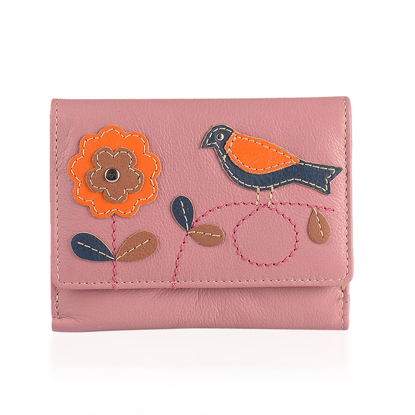New Arrival - 100% Genuine Leather RFID Pink, Orange and Multi Colour Flower with Bird Design Purse 