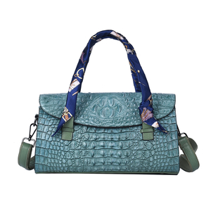 SENCILLEZ Genuine Leather Croc Embossed Pattern Convertible Bag with Shoulder Strap Green