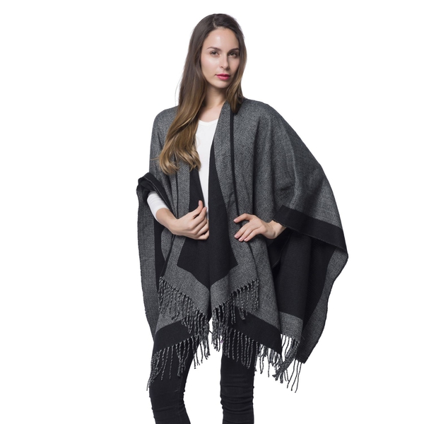 Made with Merino Wool Blend - Reversible Black and Grey Poncho - One Size Fits All