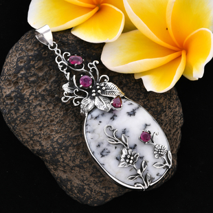 Bali Collection Extremely Rare Size Dendritic Agate and  Ruby Sterling Silver Pendant TGW 100.830 ctw