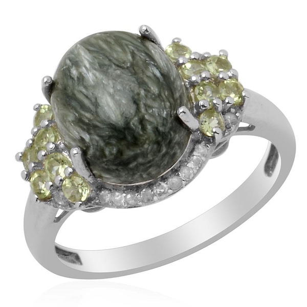 Siberian Seraphinite (Ovl 5.00 Ct), White Topaz and Hebei Peridot Ring in Platinum Overlay Sterling 
