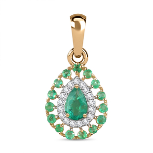 9K Yellow Gold  AA Zambian Emerald ,White Diamond Main Stone With Side Stone Pendant