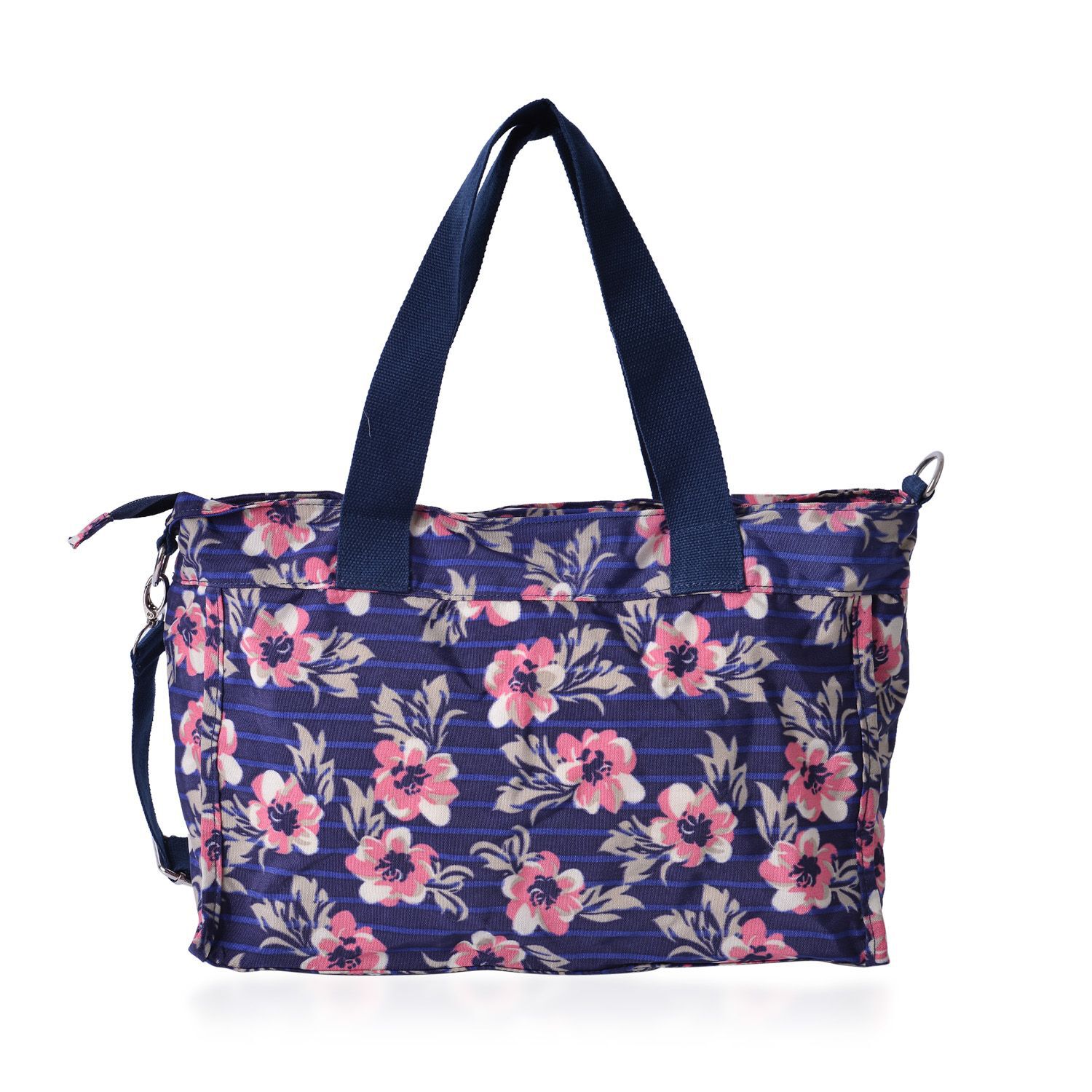Pink and Multi Colour Floral Pattern Navy Blue Colour Tote Bag With External Zipper Pocket and Adjustable and Removable Shoulder Strap (Size 37x25x12 Cm)