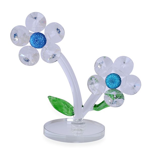 Home Decor - Blue, White and Green Austrian Crystal, White Glass Two Flowers