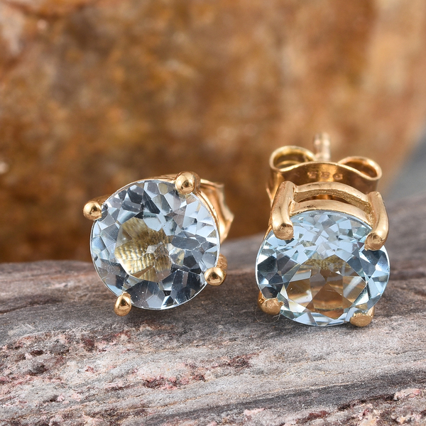 Sky Blue Topaz (Rnd) Stud Earrings (with Push Back) in 14K Gold Overlay Sterling Silver 3.000 Ct.
