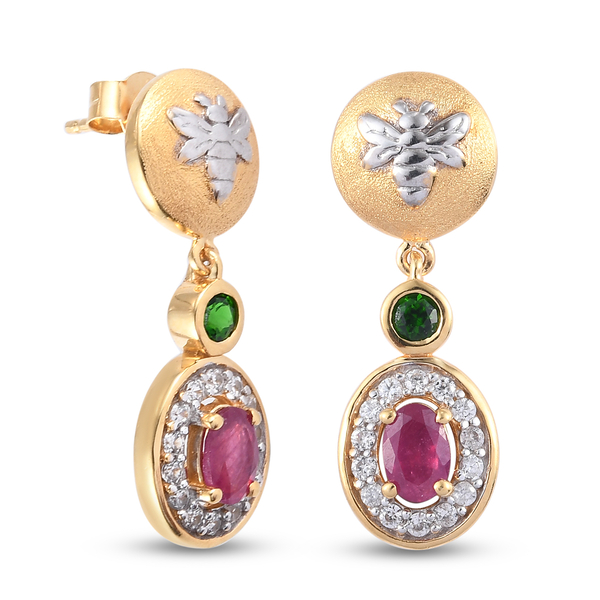 GP Itallian Garden Leaf and Flower - Chrome Diopside, African Ruby (FF), Natural Cambodian Zircon and Blue Sapphire Earrings in 14K Gold Overlay Sterling Silver 1.99 Ct.