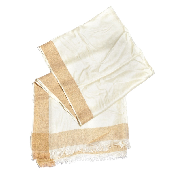 100% Modal Off White and Golden Colour Scarf with Fringes (Size 180X70 Cm)