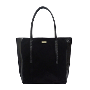 ASSOTS LONDON Isla Genuine Leather Croc Pattern Plus Suede Shopper Bag Fully Lined with Zipper Closure  Black