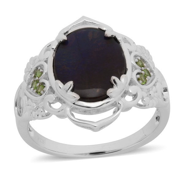3.50 Ct Ammolite and  Diopside Heart Ring in Rhodium Plated Silver