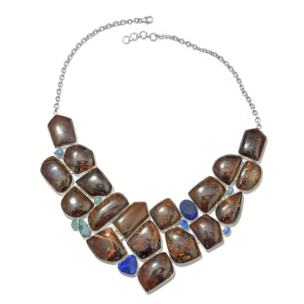 Opal Rock and Opal Double Statement Necklace in Silver 62.38 Grams 18 with 1 inch Extender