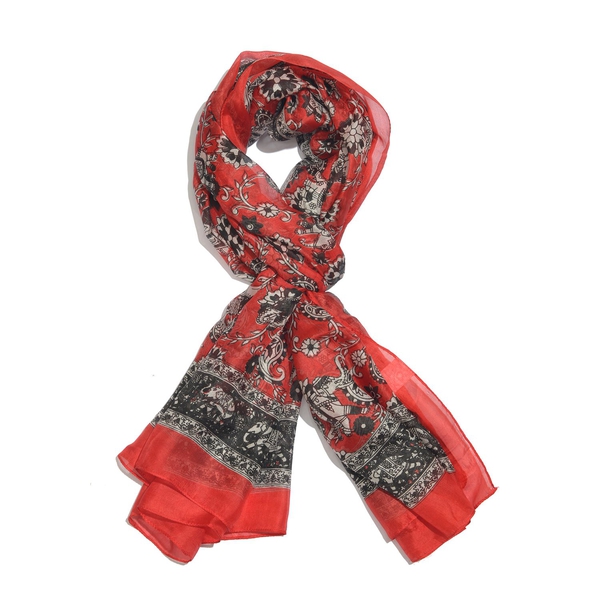100% Mulberry Silk Red, Black and White Colour Handscreen Elephant and Paisley Printed Scarf (Size 2