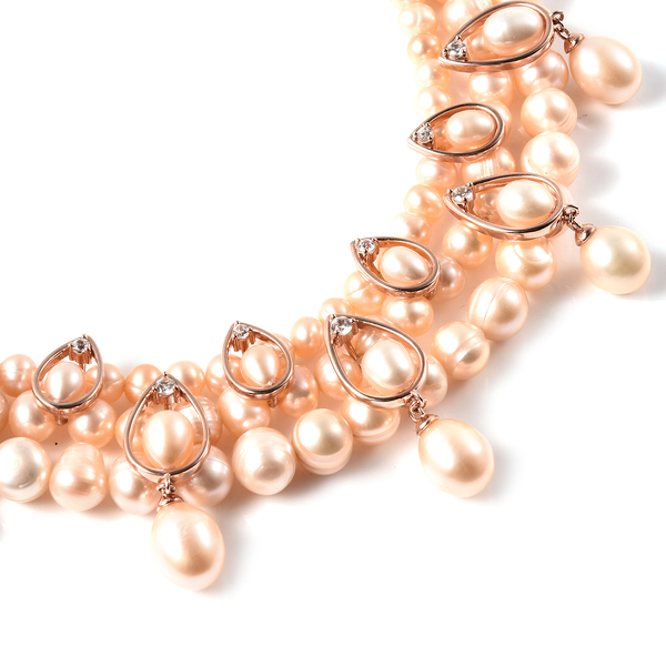 LucyQ Pearl Drop Collection - Pink Freshwater Pearl and Natural Cambodian Zircon Necklace (Size 19) in Rose Gold Overlay Sterling Silver