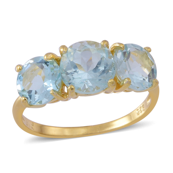 AAA Sky Blue Topaz (Rnd 2.30 Ct) 3 Stone Ring in Yellow Gold Overlay Sterling Silver 5.000 Ct.