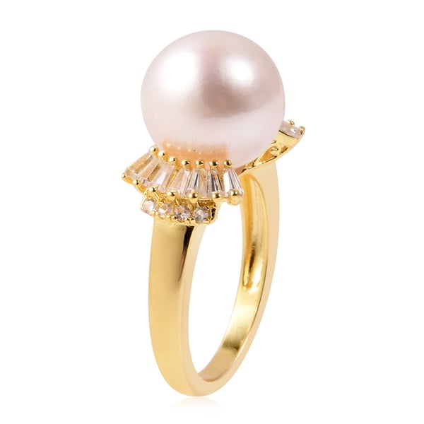 Edison Pearl (Rnd), Natural White Cambodian Zircon Ring in Yellow Gold Overlay Sterling Silver