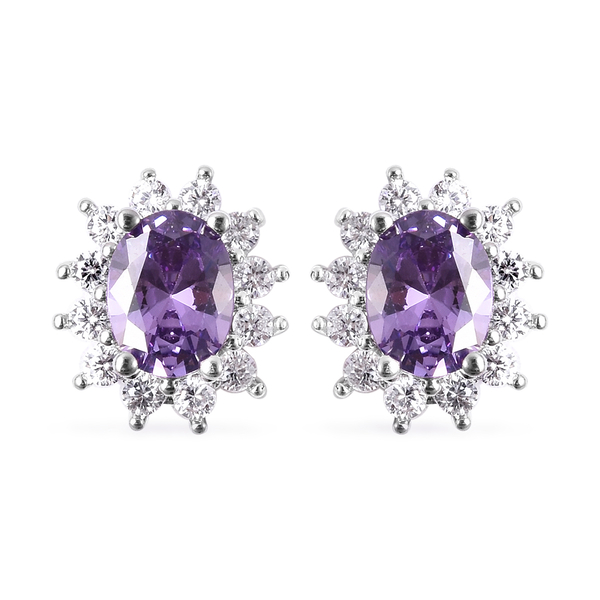 3 Piece Set - Simulated Amethyst and Simulated Diamond Sunburst Theme Ring, Stud Earrings (with Push Back) and Pendant with Chain (Size 20 with 2 inch Extender) in Silver Tone