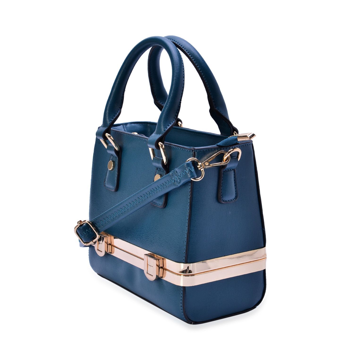 Teal Colour Tote Bag with Bottom Box Compartment and Adjustable and Removable Shoulder Strap (Size 22x18x9 Cm)