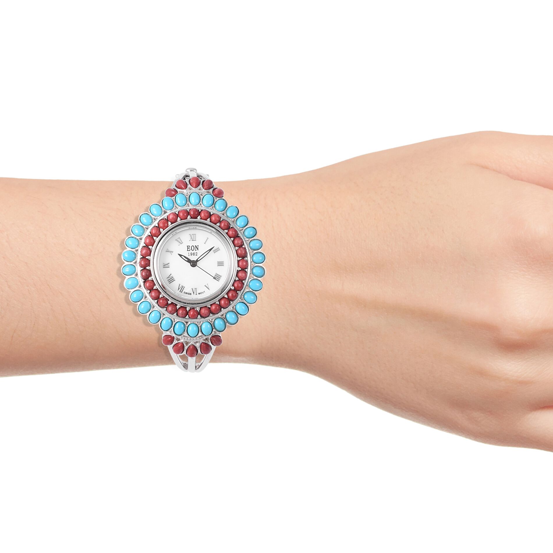 TJC Special-EON 1962 Swiss Movement Coral and Sleeping Beauty Turquoise Bangle Watch (Size 7.5) in Sterling Silver (Silver wt 29.45 Gms) 11.080 Ct.