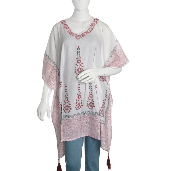New Season-100% Cotton Red, Black and White Colour Hand Block Floral Printed Kaftan with Tassels (Fr