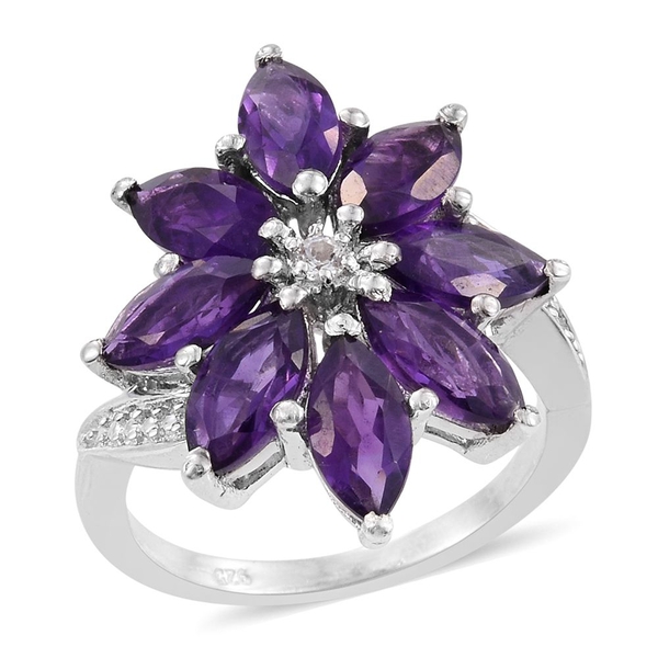 Amethyst (Mrq), White Topaz Floral Ring in Platinum Overlay Sterling Silver 4.000 Ct.