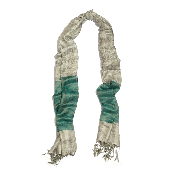 Superfine Silk Blend - Floral Pattern Grey and Green Colour Scarf (Size 210x80 Cm)