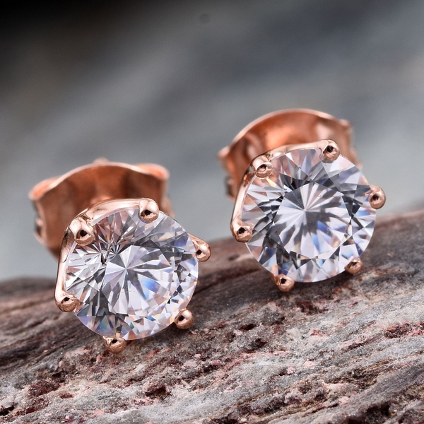 Lustro Stella - Rose Gold Overlay Sterling Silver (Rnd) Stud Earrings (with Push Back) Made with Finest CZ