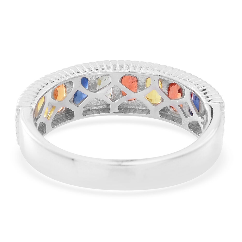Rainbow Sapphire (Ovl) Half Eternity Band Ring in Rhodium Plated Sterling Silver 3.000 Ct.