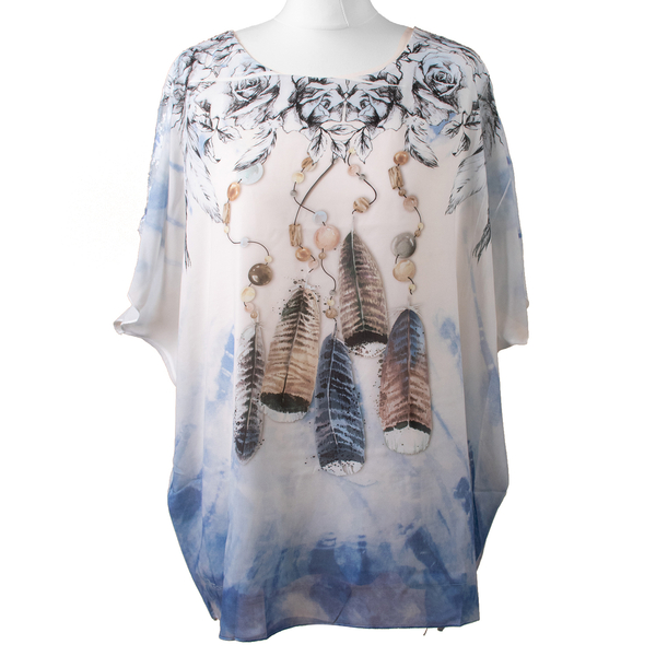 Urban Mist White and Blue Top with Feather Print (Inside Layer - 100% Cotton & Outside Layer - 100% Viscose, Size Up to 18)