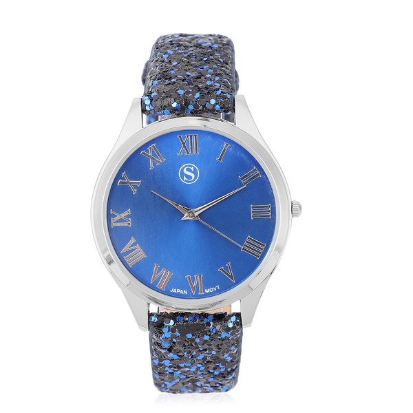 2 Piece Set - STRADA Japanese Movement Gold & Dark Blue Stardust Dial Water Resistant Watch with Sequins Dark Blue Strap and Sequins Scarf (Size 180x90Cm) - Dark Blue