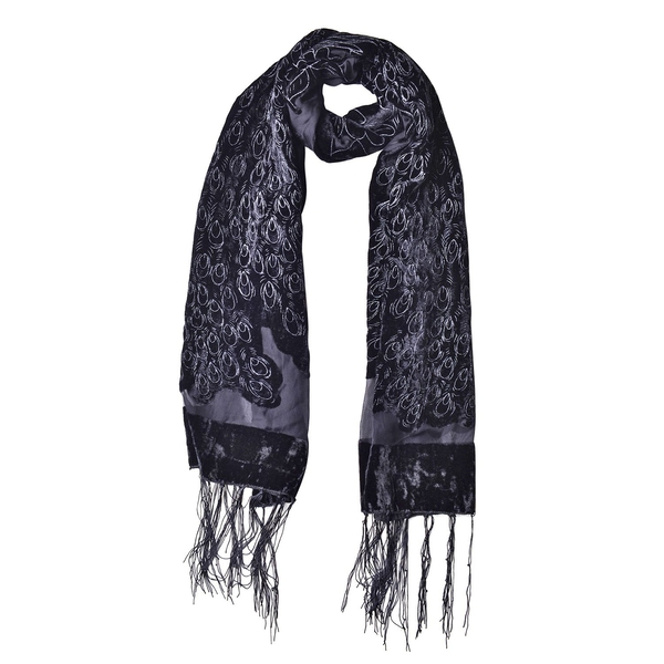 Designer Inspired - Black and Grey Colour Peacock and Floral Pattern Scarf with Tassels (Size 158X50 Cm)