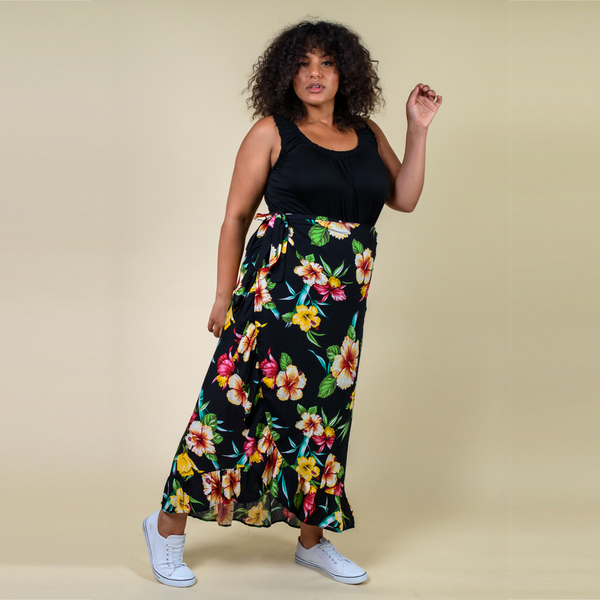 TAMSY 100% Rayon Hibiscus Floral Printed Wrap Skirt One Size Curve (Fits 18-26 ) - Black & Multi