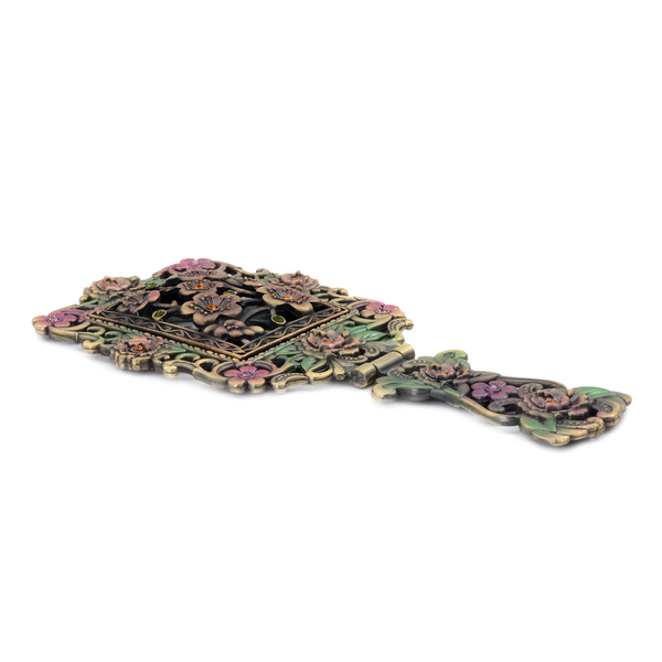 (Option 1) Multi Colour Enameled Floral Pattern Foldable Compact Mirror in Gold Tone with Simulated Stone