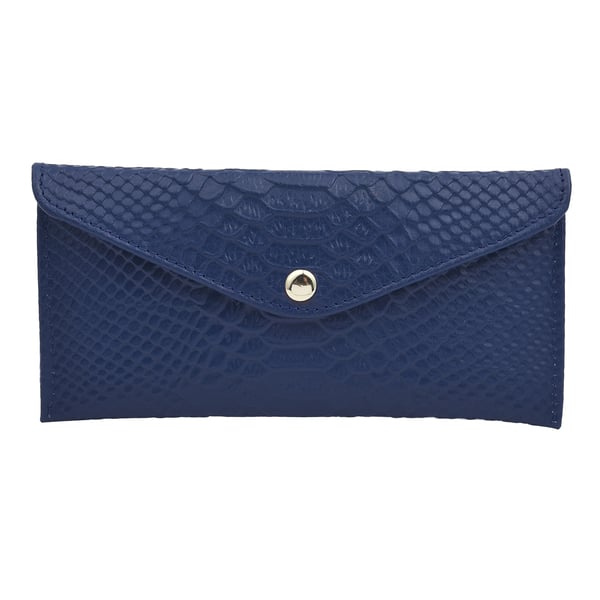 Genuine Leather RFID Protected Snakeskin Pattern Long Size Wallet with Magnetic Closure   Navy